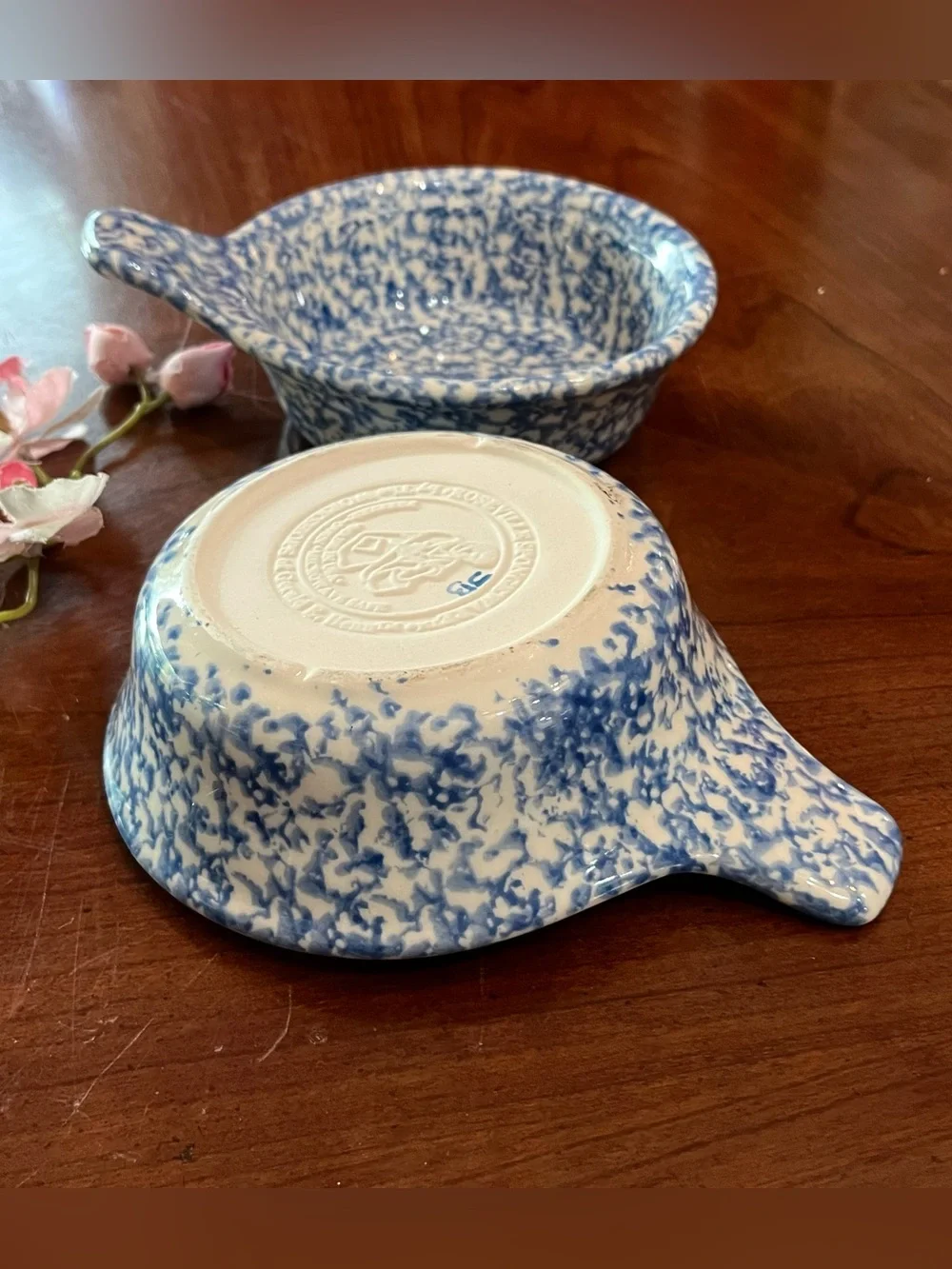 VTG 4-Set Gerald E. Henn Blue Roseville Spongeware Single Handle Soup Bowls